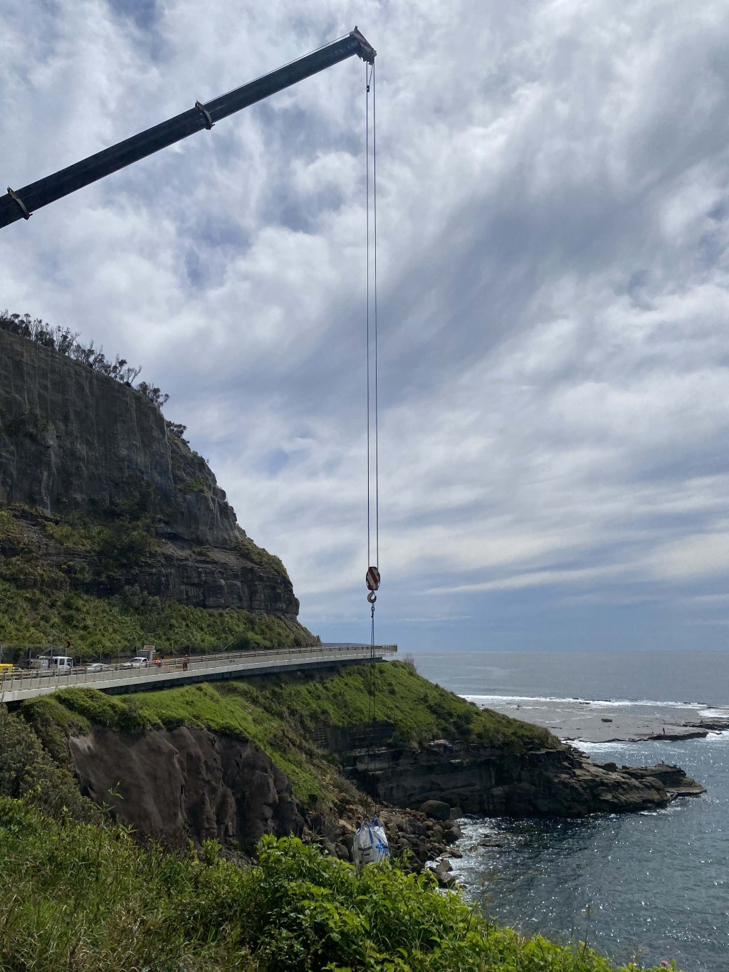 Landslip Repairs on Sea Cliff Bridge: Crane in Action