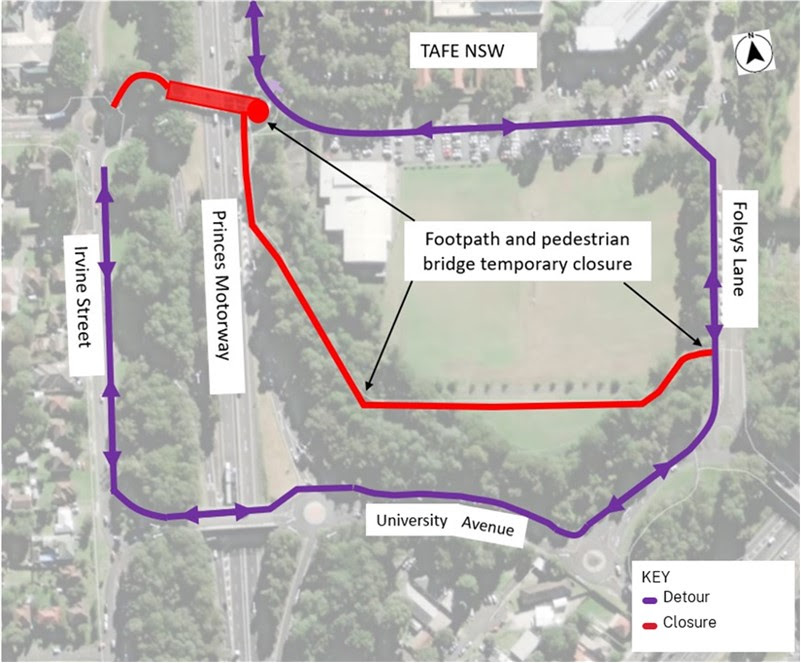 Detour directions for closed Mount Ousley pedestrian?bridge