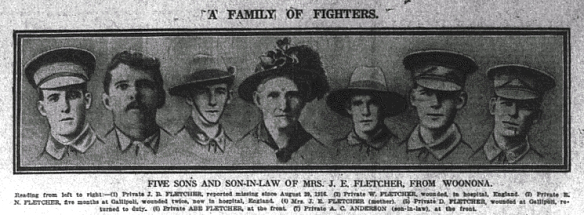 from the Daily Telegraph 30 March 1917, Mrs J.E. Fletcher of Woonona and her five sons and son-in-law