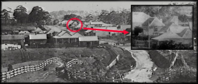 Old Bulli village C1880, showing inset Orvad's Denmark Hotel. A single storey weatherboard and slab dwellings. "Orvad's"can be seen painted on the side of the building.