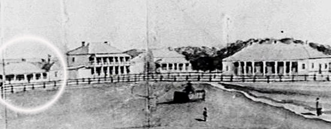 Market Square Wollongong, showing the Governor Bourke Hotel (far left, circled), the two storey Queens Hotel, and, far right, The Wollongong Hotel, in the early 1850s